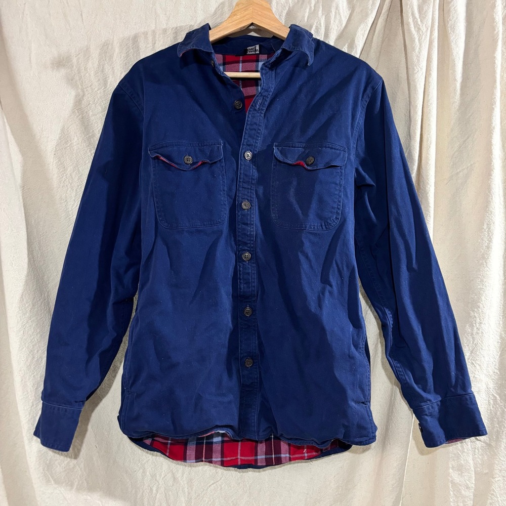 Lands End Mens Flannel Lined Shirt Jacket Navy Blue Plaid Traditional Fit Small